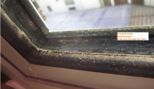 corridor window with mould and broken rubber inside